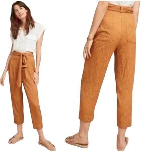 Anthropologie Ett TWA Size 6 Aubade Jacquard Pants Boho Tie Waist Zip Crop Gold